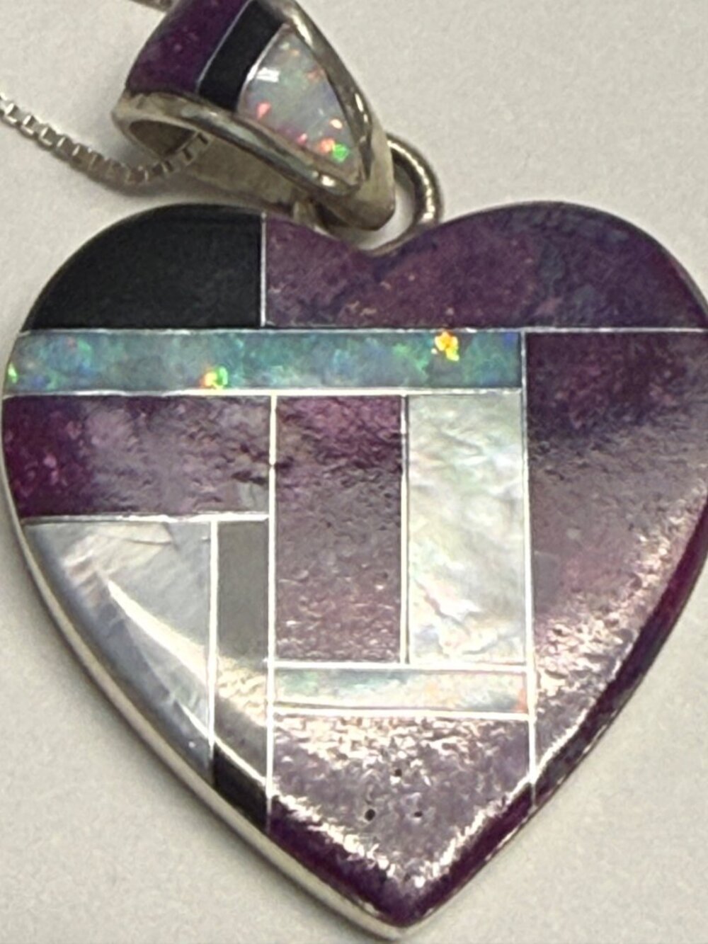 Signed SM Sterling Inlay Heart Pendant Purple Turquoise Opal Mother Of Pearl